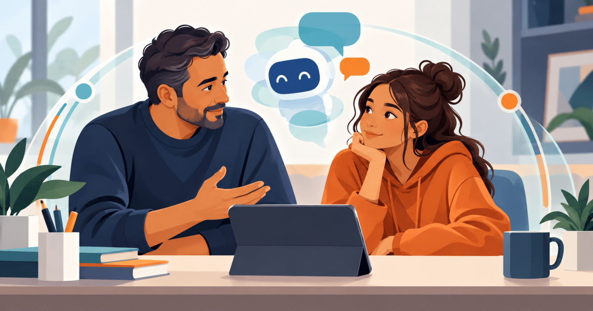 Illustration of a parent and teen discussing ai chatbot use together