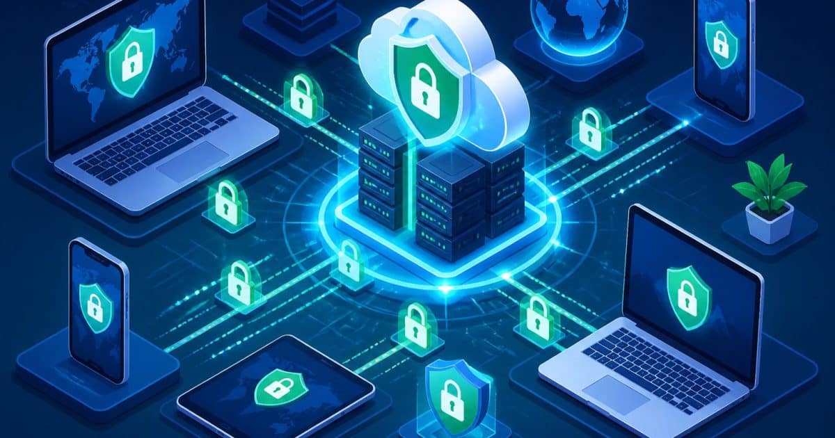 Concept illustration of phones and laptops connected to a vpn server