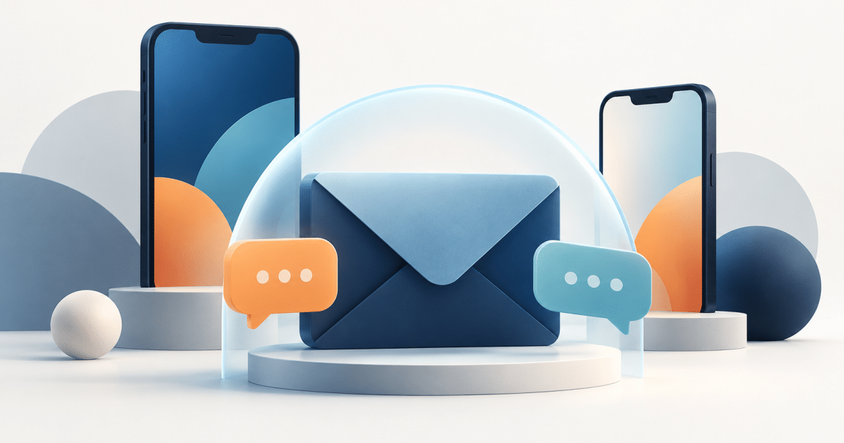Conceptual illustration of generic phones, an envelope and chat bubbles inside a protective arch.