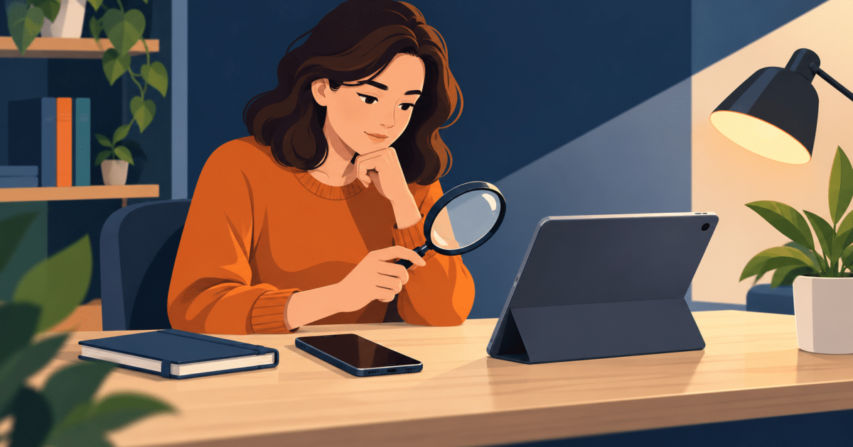 Independent reviewer assessing family software at a desk