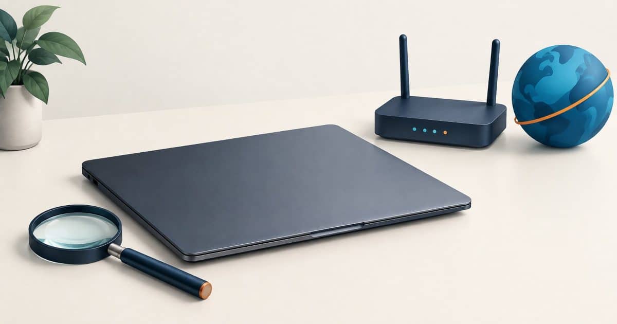 Concept illustration of a magnifying glass beside a closed laptop, router and globe