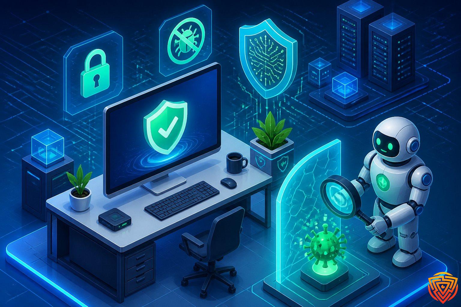 A computer on a desk protected by a shield icon, with a robot inspecting and blocking digital viruses using a magnifying glass.