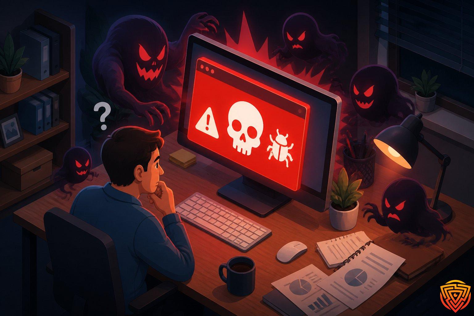 A person at a desk looking worried at a computer screen showing a red warning popup, surrounded by ghostlike figures representing malicious software.