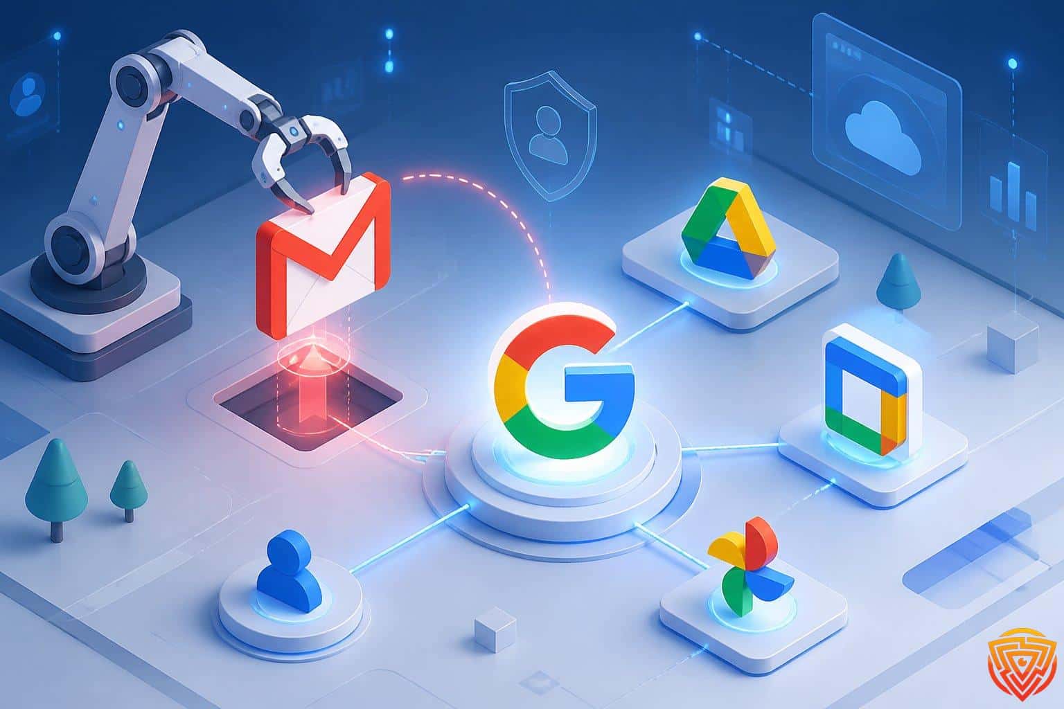 A digital workspace showing a gmail icon being removed while the google logo and other service icons remain intact.