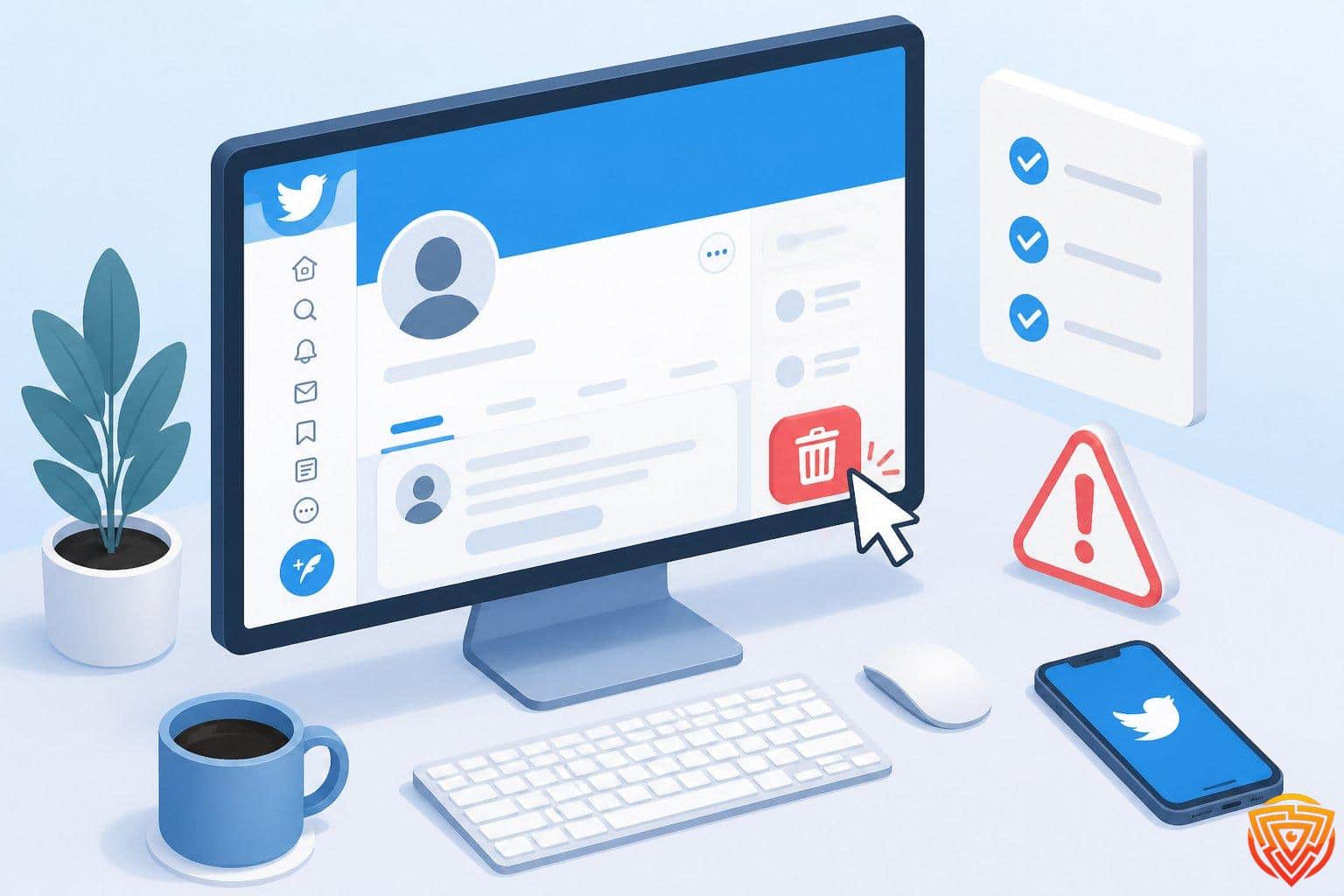 A computer on a desk showing a twitter profile page with a cursor hovering over a red delete button, surrounded by icons representing steps and caution.