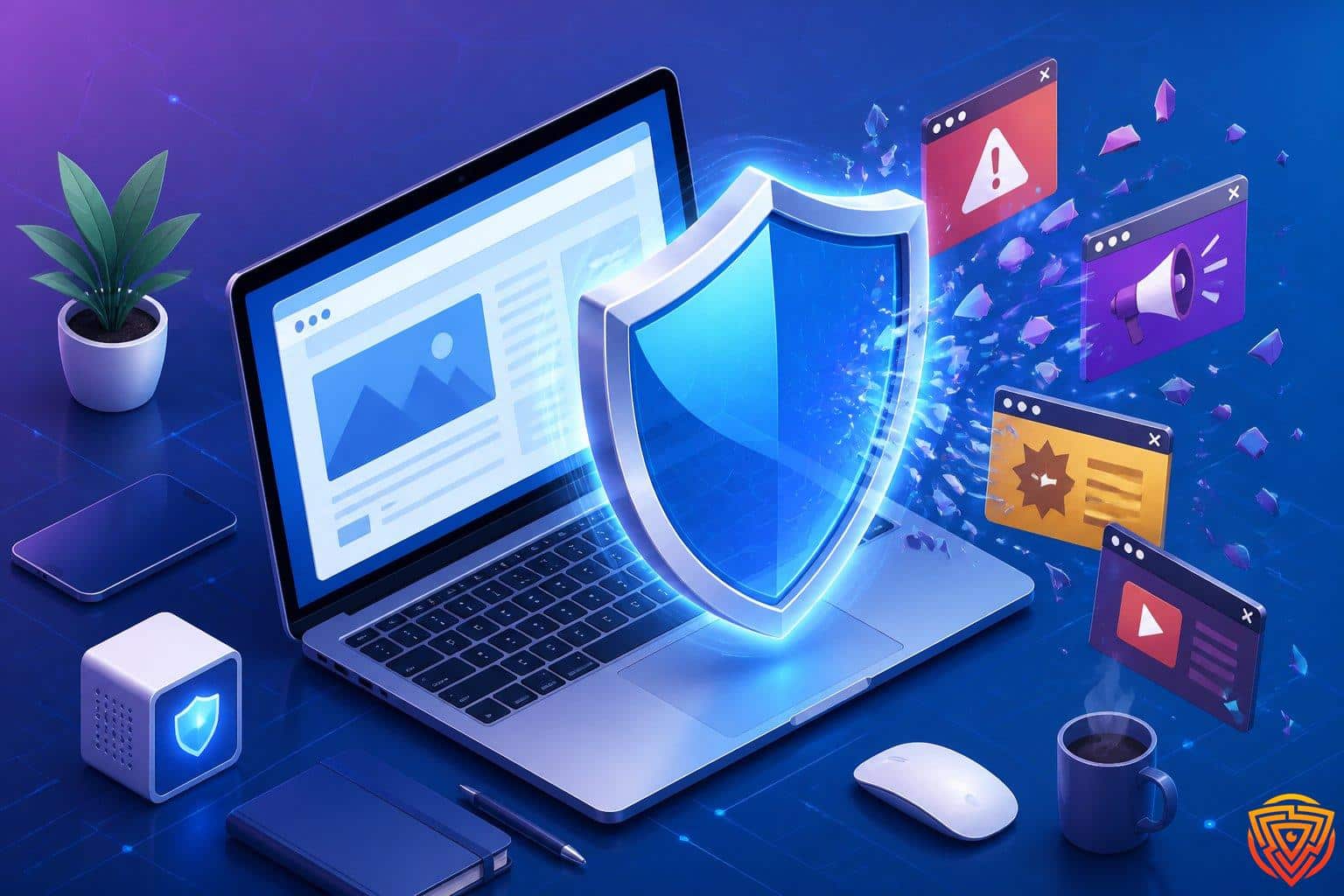 A digital shield protecting a laptop screen from intrusive popup ads, showing a clean and adfree webpage.