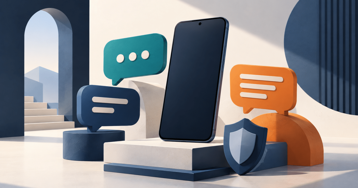 Conceptual navy and teal illustration of an unbranded phone, abstract message bubbles and a privacy shield.