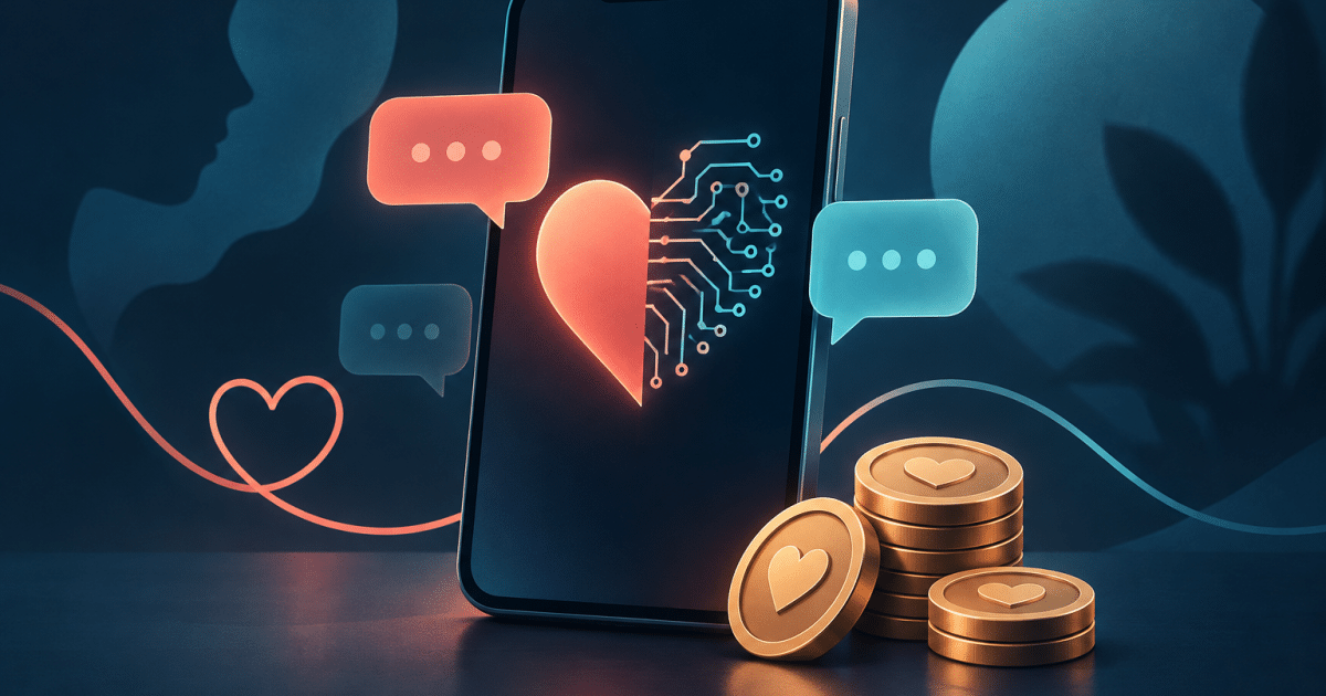 Conceptual illustration of a smartphone with a circuitpattern heart, chat bubbles and coins representing paid ai dating conversations.