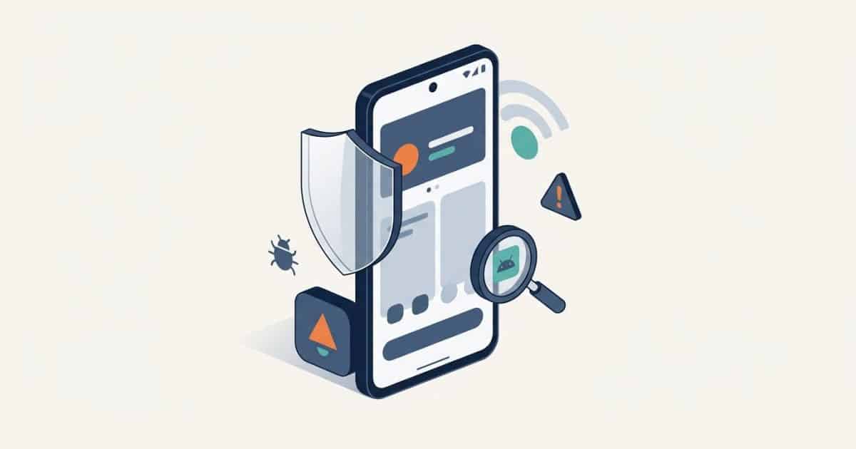 Illustration: a smartphone with a protective shield and a magnifying glass inspecting an app icon.