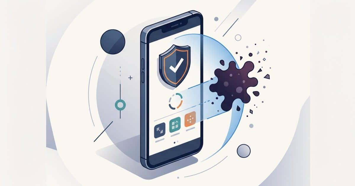 Illustration: a smartphone scans and removes a dark malware shape.
