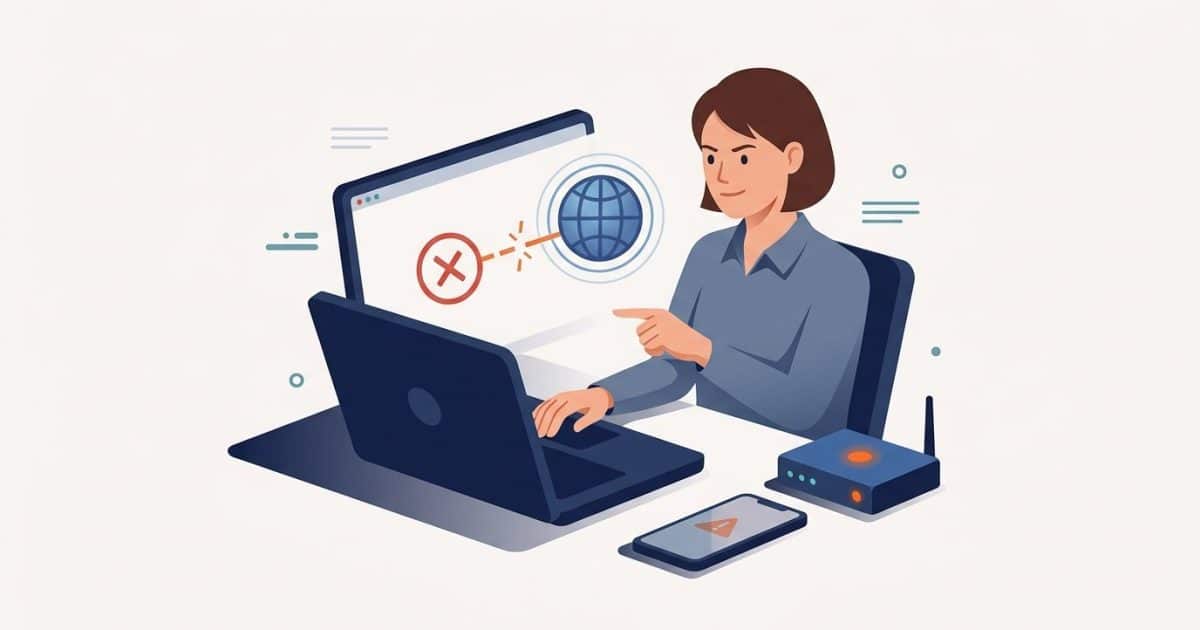 Illustration: a person troubleshooting a disconnected vpn on a laptop beside a router and smartphone.