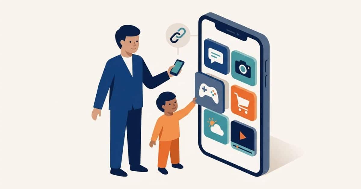 Illustration: a parent and child look at a smartphone displaying accessible apps.