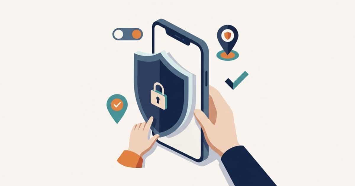 Illustration of hands holding a smartphone with a shield, padlock and location symbols.