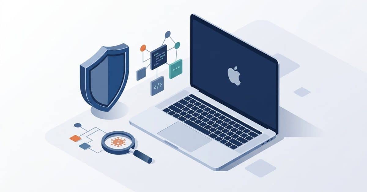 Illustration: a laptop surrounded by a shield, magnifying glass and small digital symbols.