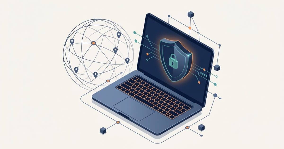 Concept illustration of a laptop beside a globe and network connection points