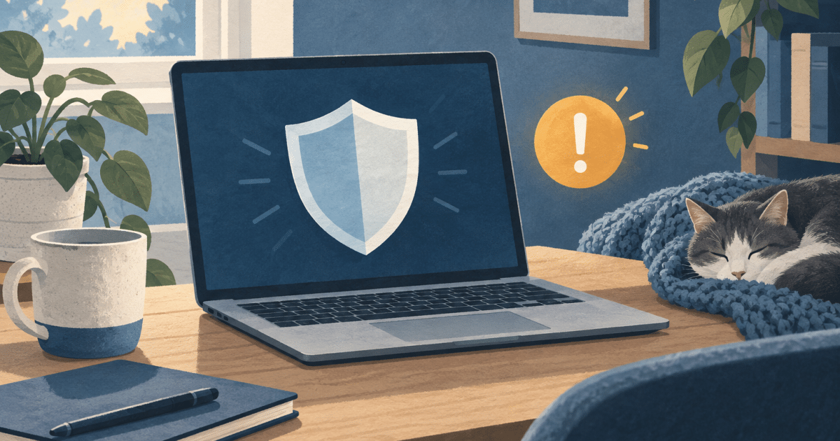 Editorial illustration of a laptop with a protective shield and an amber notification symbol in a home setting.