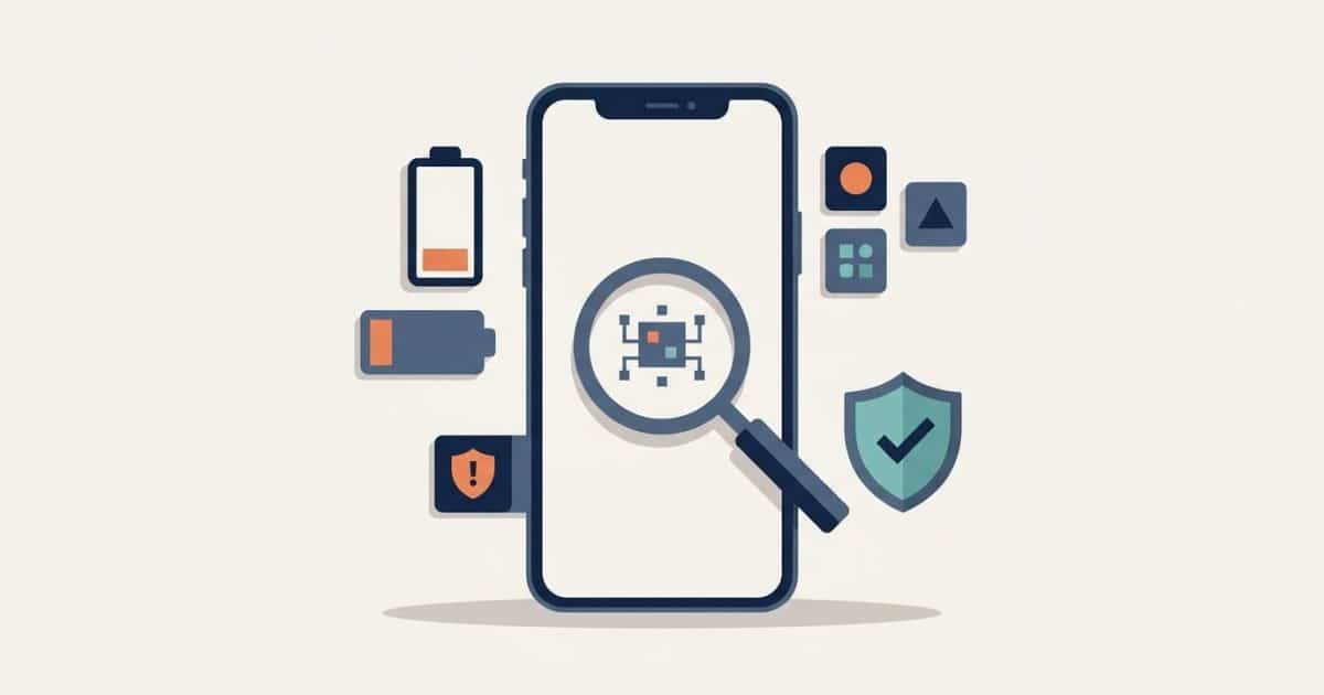 Illustration of a phone being checked with a magnifying glass and security symbols.