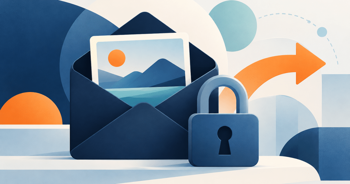 Illustration of a photograph inside an envelope beside a padlock and an arrow, representing image privacy and reporting.