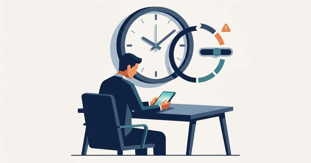 Illustration: a person uses a mobile device beside a clock with a broken timer symbol.