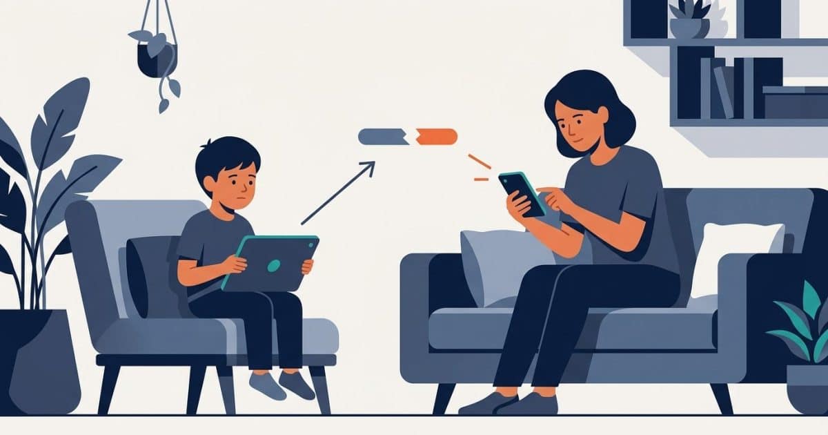 Illustration: a child waits with a tablet while a parent checks a phone, and a request symbol appears disconnected between the devices.