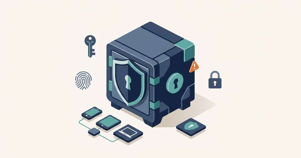 A digital vault with a shield and lock, surrounded by a key, fingerprint, and connected devices.