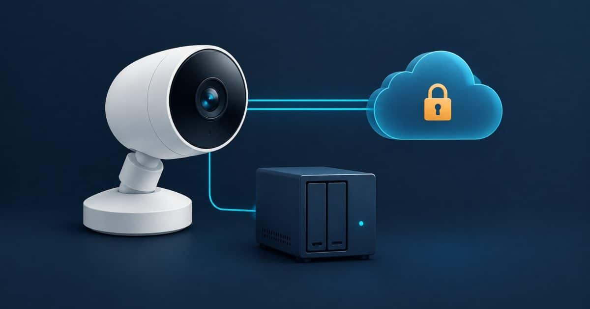 Security camera connected to a cloud storage symbol with a padlock.