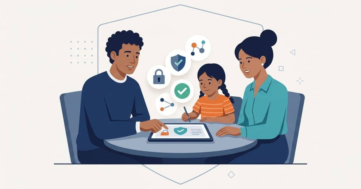 Two adults and a child discuss online safety around a tablet, with a shield, padlock and checkmark nearby.