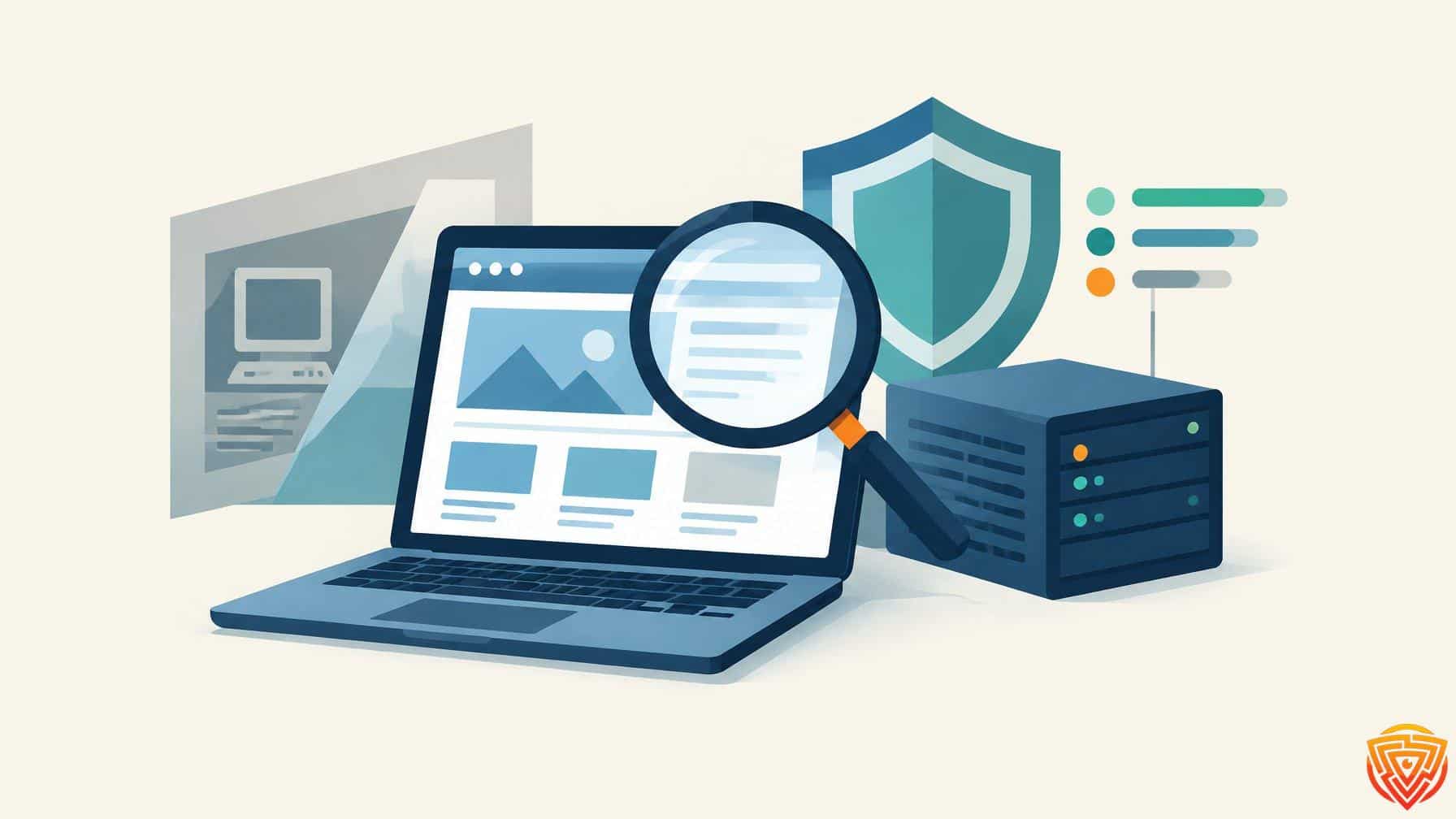 Illustration of a website, server and magnifying glass representing website security checks.