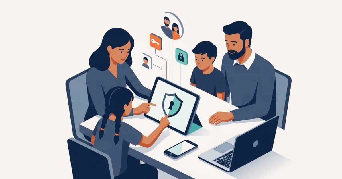 Illustration: a family gathers around a tablet showing a secure digital vault, with a phone and laptop nearby.