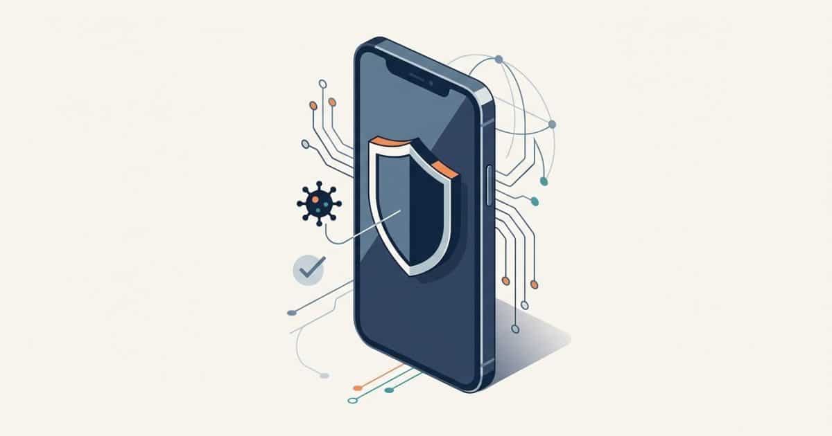 Illustration: a smartphone protected by a shield, with a small digital threat kept outside it.