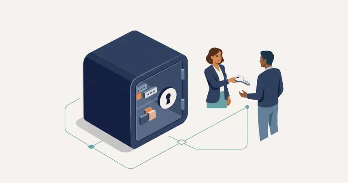 Illustration: one person hands a secure access token to another beside a digital vault.