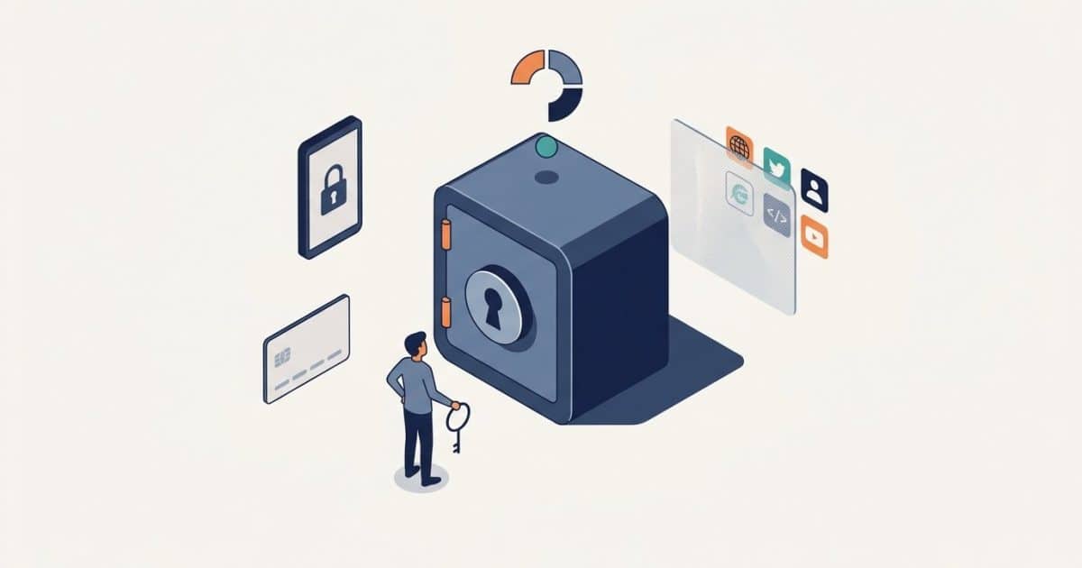 Illustration: a person with an empty key ring faces a locked digital vault, with a recovery key and locked device nearby.