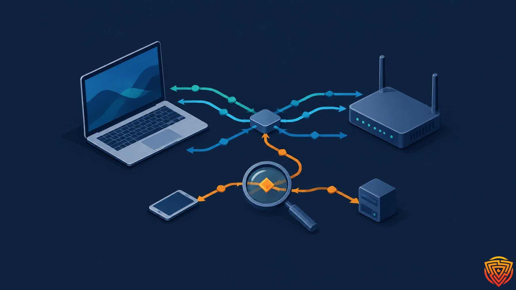Illustration of a laptop and router with a suspicious network connection highlighted for inspection.