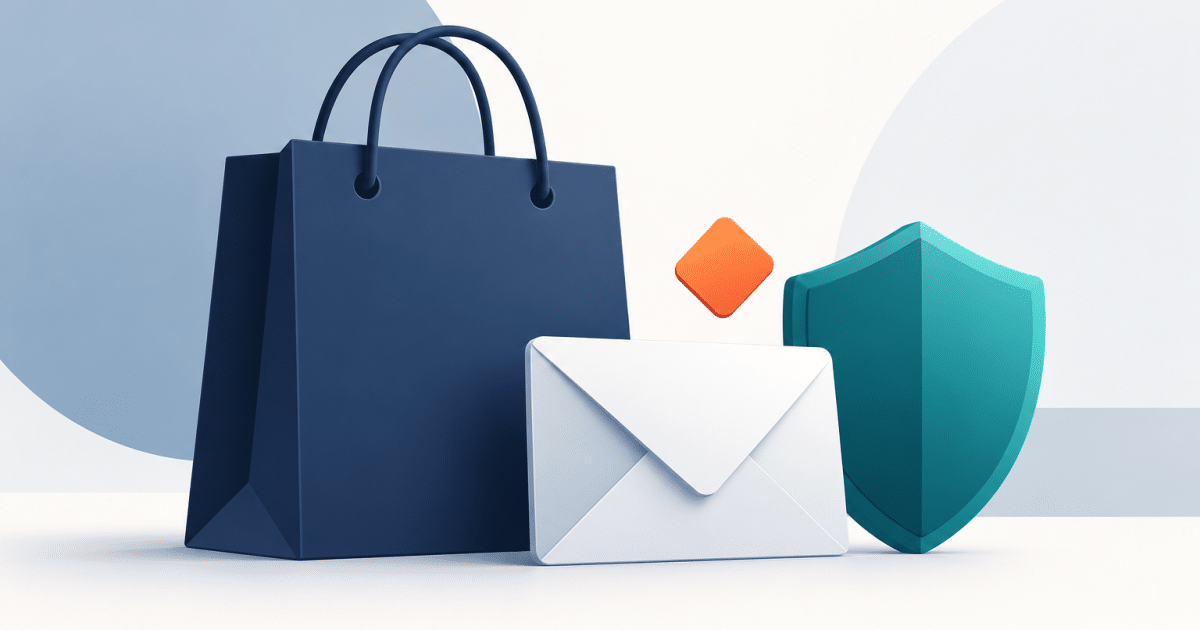 Illustration of a shopping bag, email envelope and protective shield representing customer phishing precautions