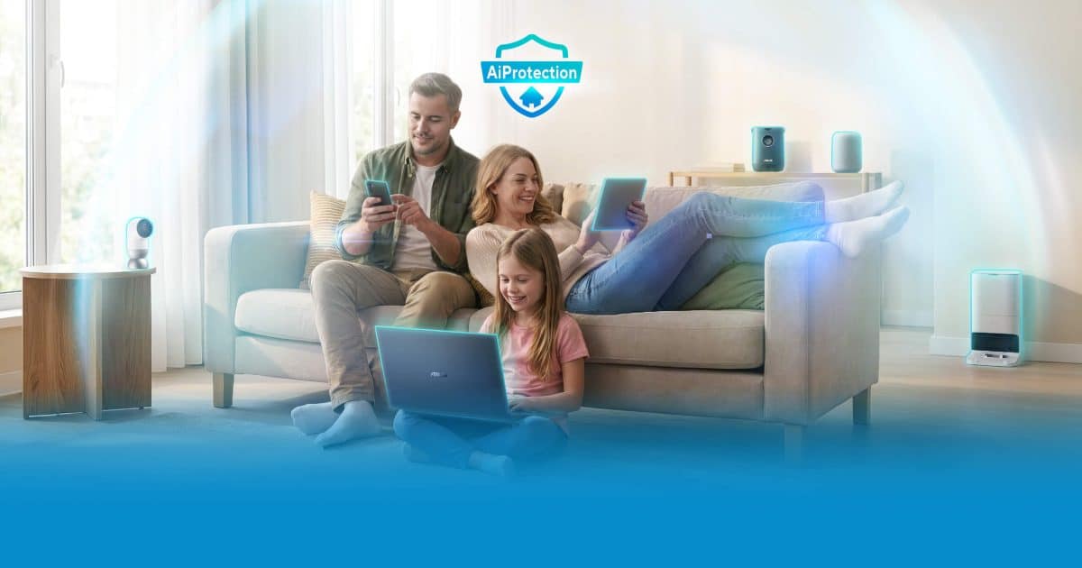 Official asus aiprotection illustration showing a family and connected home devices