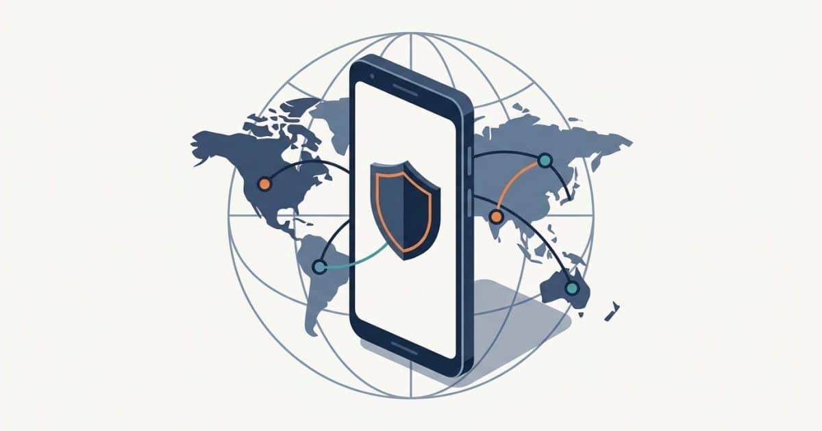 Conceptual illustration of a smartphone, privacy shield and global connections.