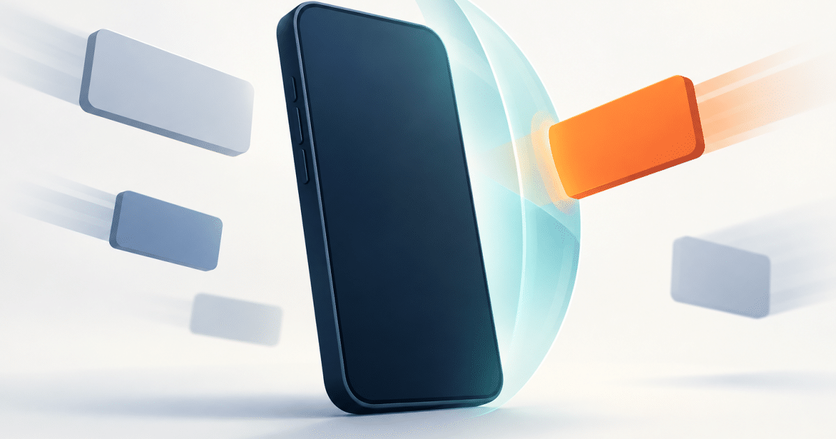 Editorial illustration of a blank smartphone behind a teal barrier intercepting an orange message tile.