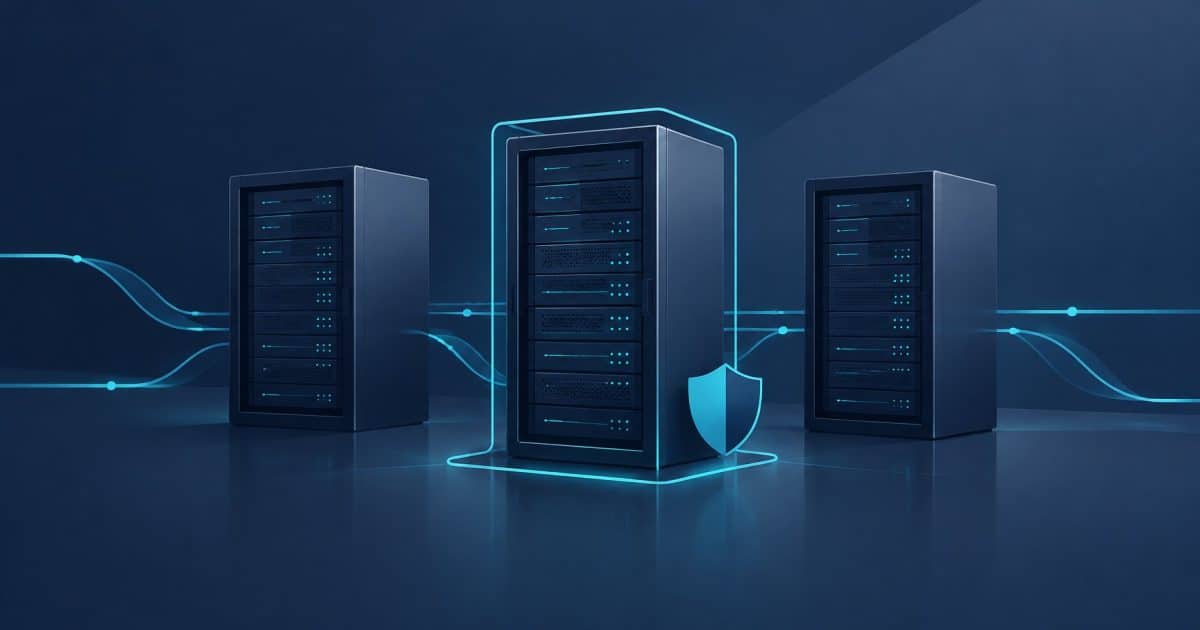 Editorial illustration of dedicated ai server racks with a shield and a highlighted access boundary.