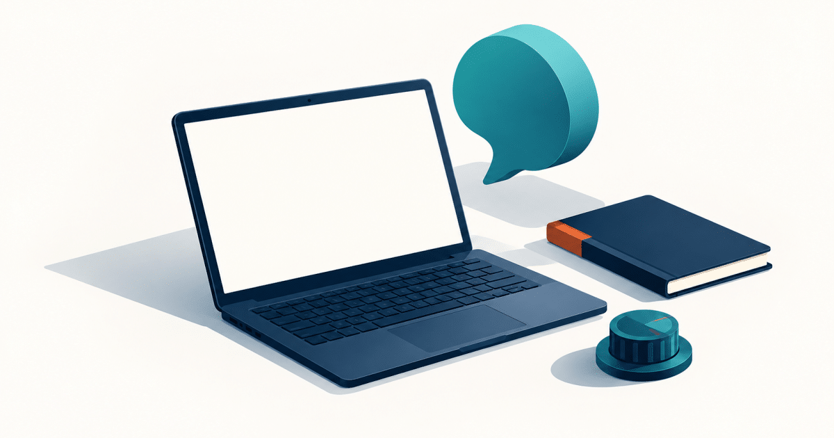 Conceptual illustration of an unbranded laptop, abstract conversation bubble, notebook and settings dial.