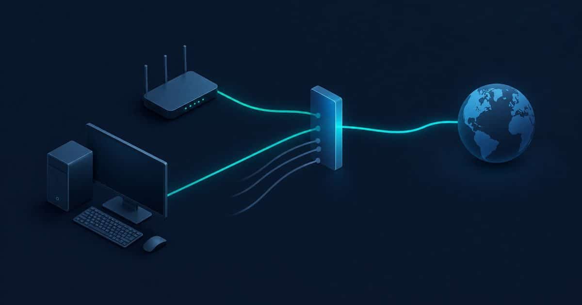 Conceptual illustration of a router and computer with selectively permitted network connections.