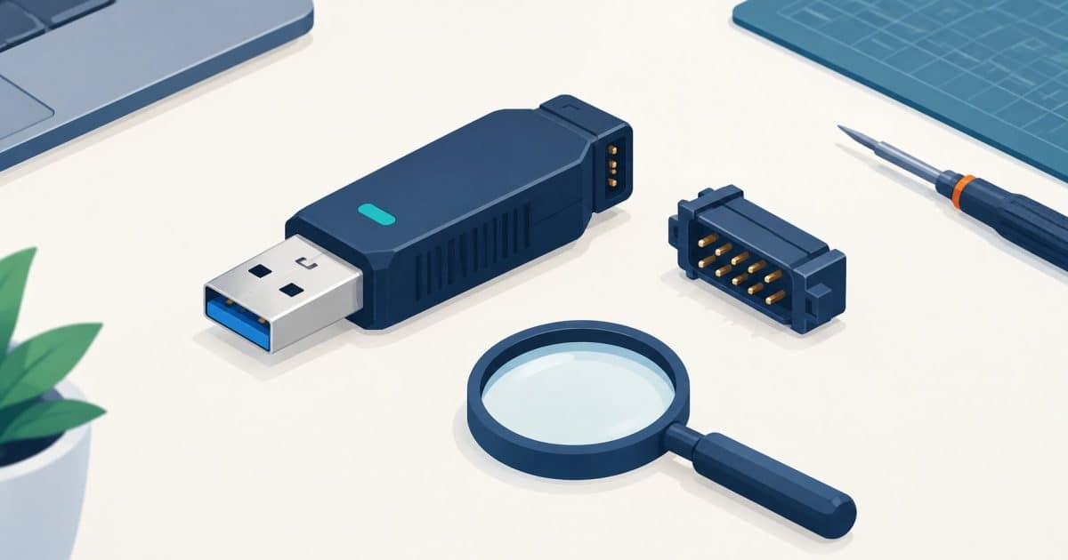 Conceptual illustration of a usbtoserial adapter and hardware identity checks.