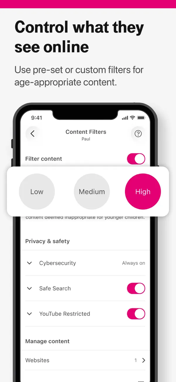 Tmobile familymode review: controls, limits and value Tmobile familymode iphone screen showing low, medium and high content filters