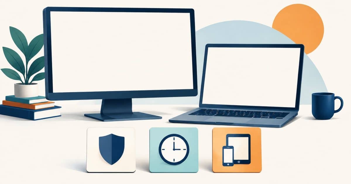 A desktop pc and laptop with symbols for privacy controls, plan terms and household devices