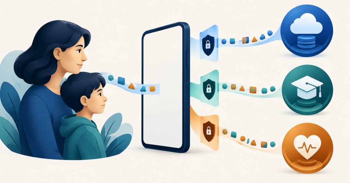 Family app privacy boundaries illustrated with generic devices and symbols