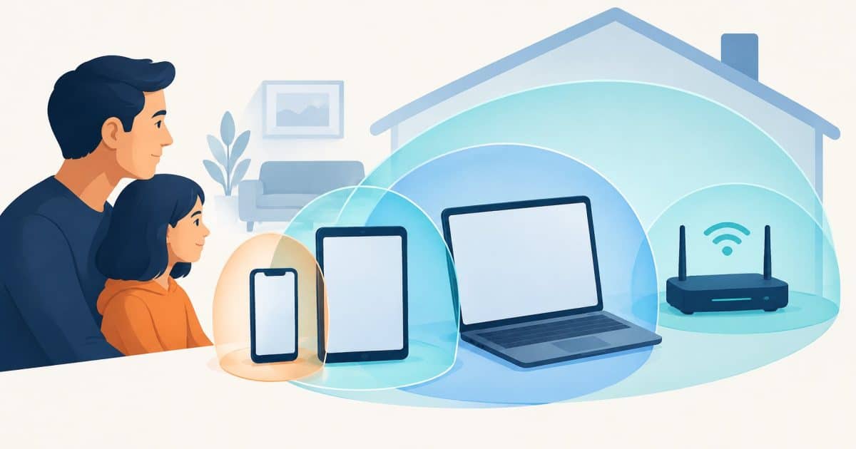 Family device protection setup illustrated with generic devices and symbols
