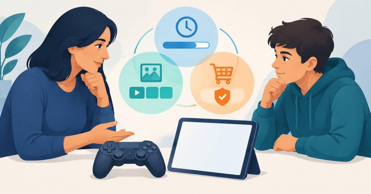 Family gaming permissions illustrated with generic devices and symbols