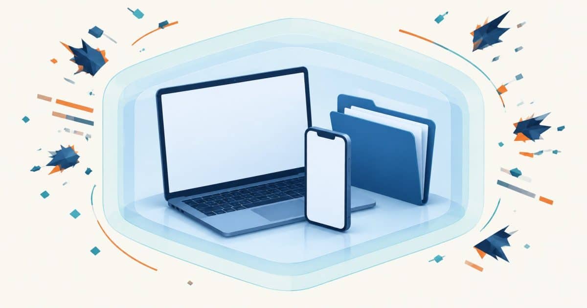 Malware and layered device protection illustrated with generic devices and symbols