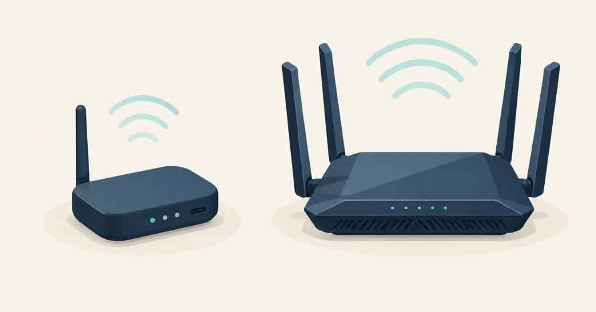 Conceptual illustration comparing an old portable router with modern externalantenna equipment.