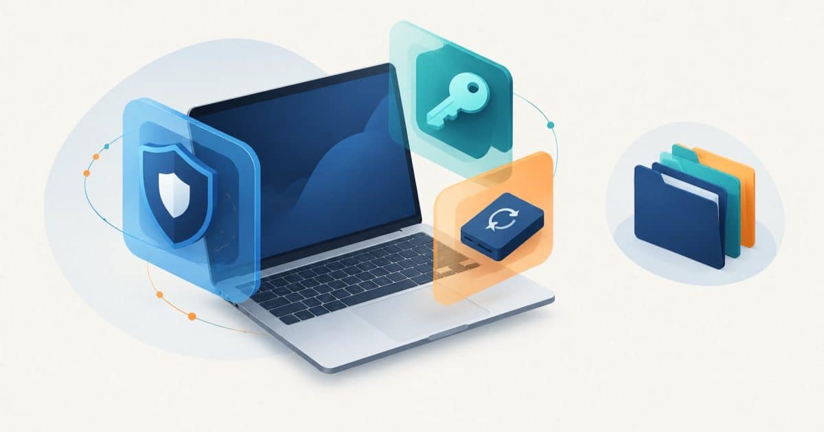 Editorial illustration of a laptop surrounded by separate malware, account security and backup protections, with maintenance folders alongside.