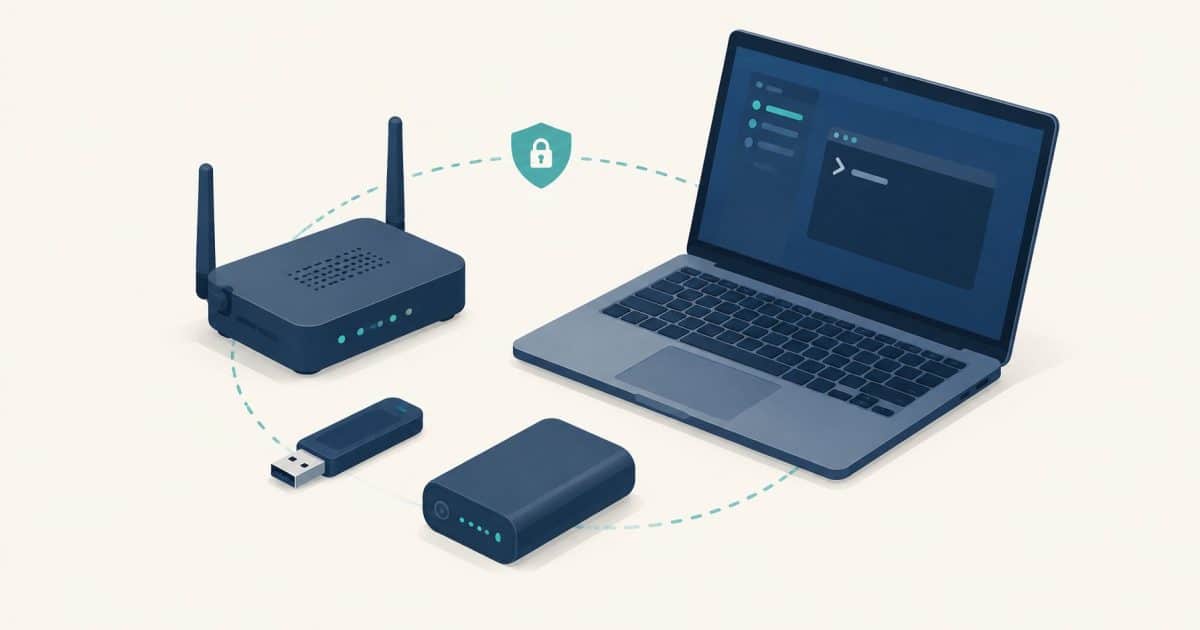 Conceptual illustration of a compact router, usb storage and an isolated networking lab.